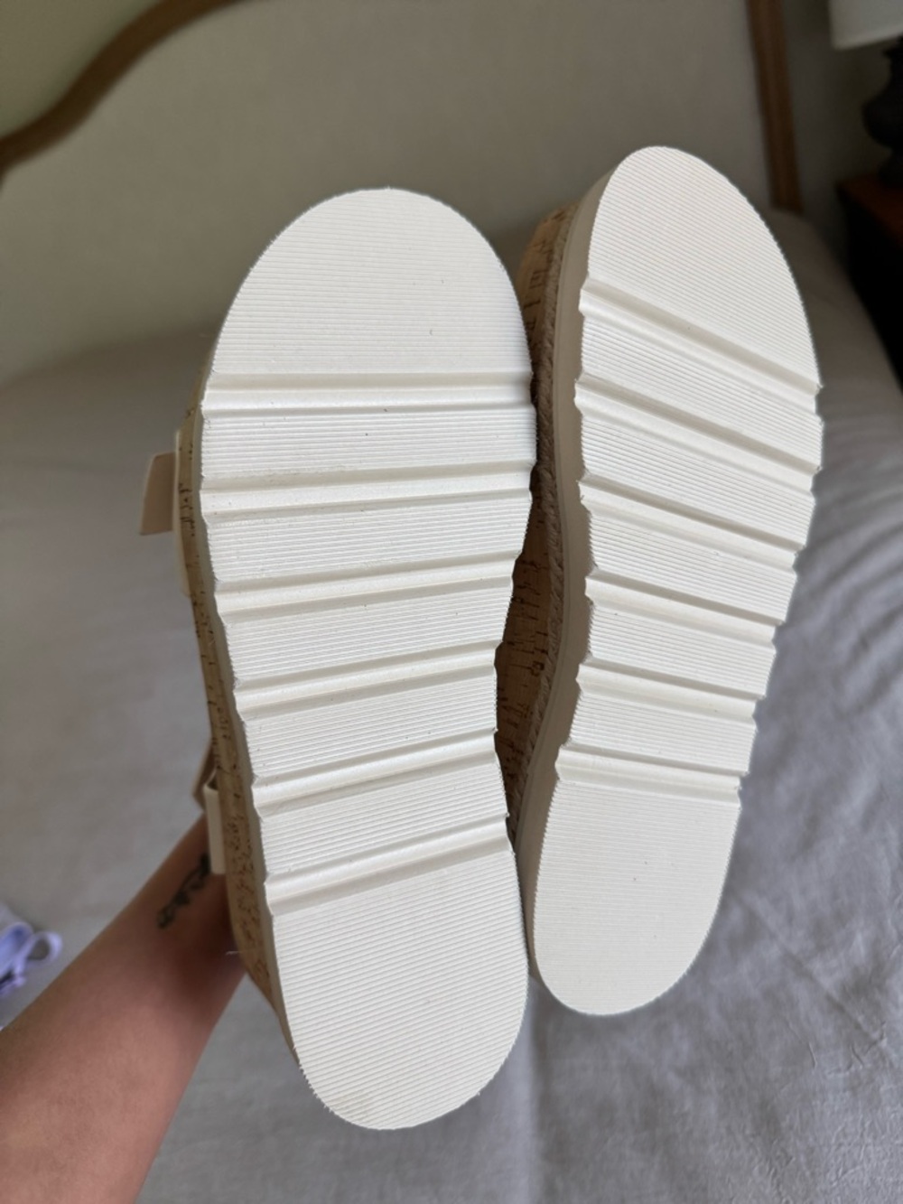 White Cork Platform Wedge Sandals with Gold Buckles - Picture 3 of 3
